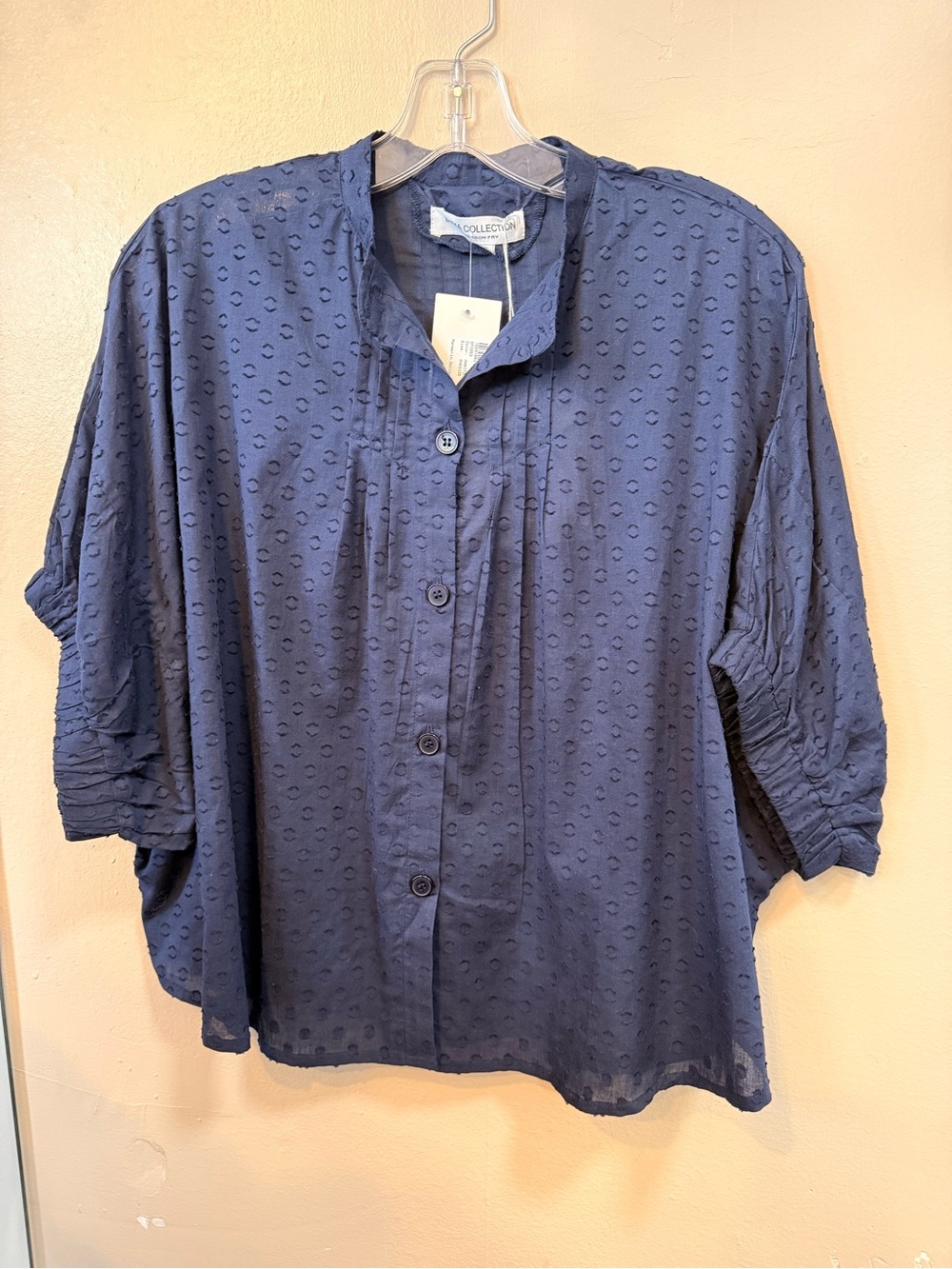 NWT Emerson Fry India Collection Maritime Swiss Dot Mandarin Collar Top